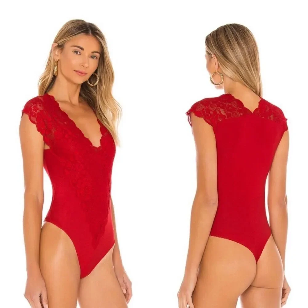 Revolve HAH Lady Like XS Rouge Red Lace Deep V-Neck Short Sleeve Bodysuit NWT - Picture 1 of 7